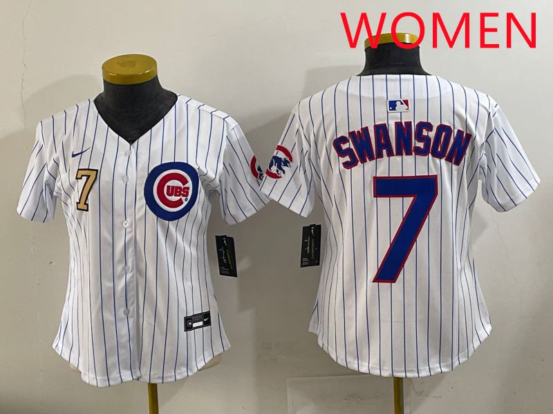 Women 2025 Chicago Cubs 7 Swanson White Stripe Game Nike MLB Jersey style 4